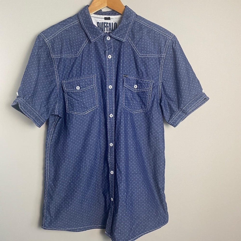 Buffalo David Bitton Men's Navy Jacquard Allover Houndstooth‎ SS Button Shirt L